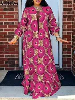 Plus Size 5xl Vonda Frauen bedrucktes Kleid 2024 Herbst Sommerkleid Vintage Party Maxi langes Kleid Strand lose Robe lässig Vestidos