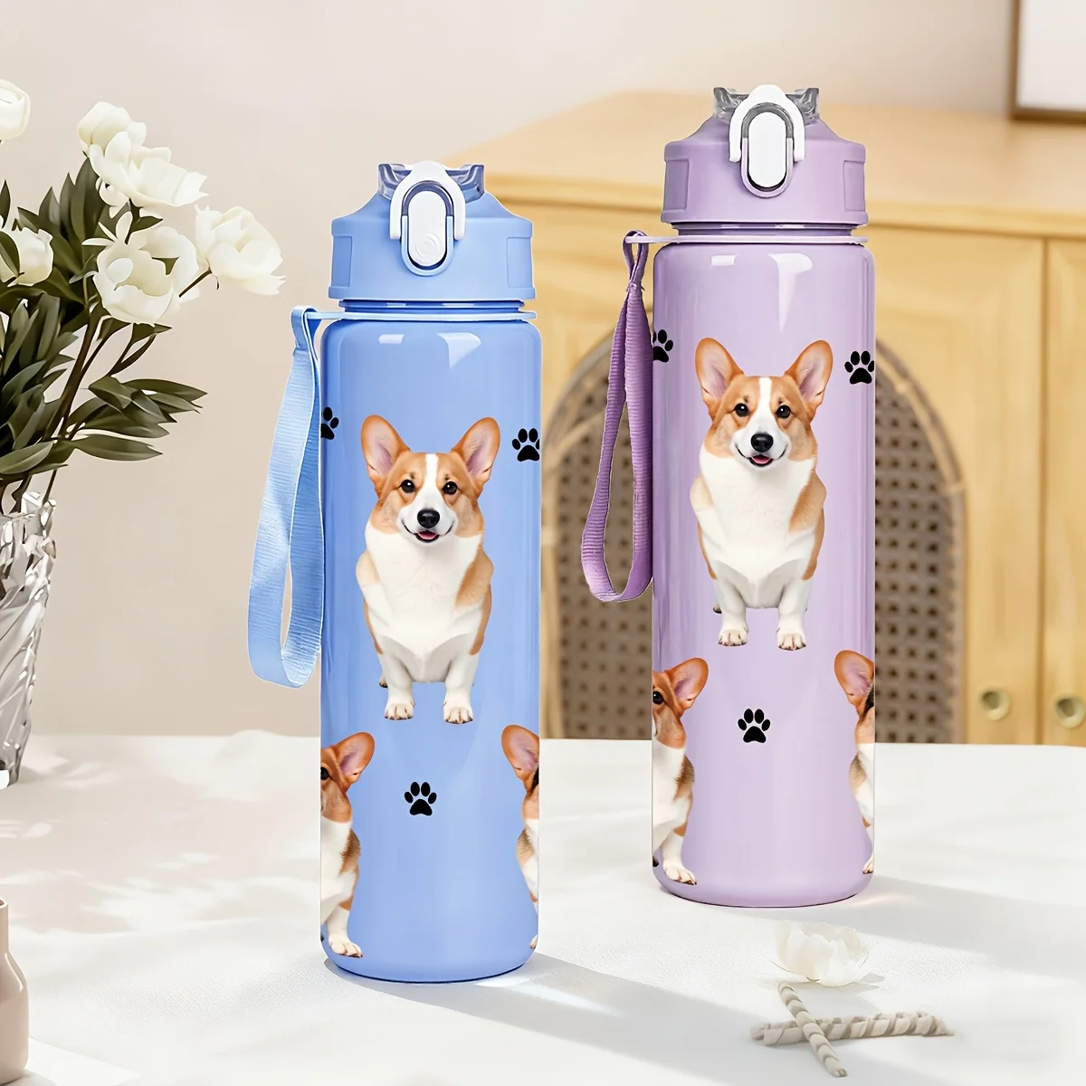 Cute Corgi Dog Paw Print Water Bottle 750ml Leakproof Flip Lid Portable Water Cup for Kids Students Gym Outdoor Travel