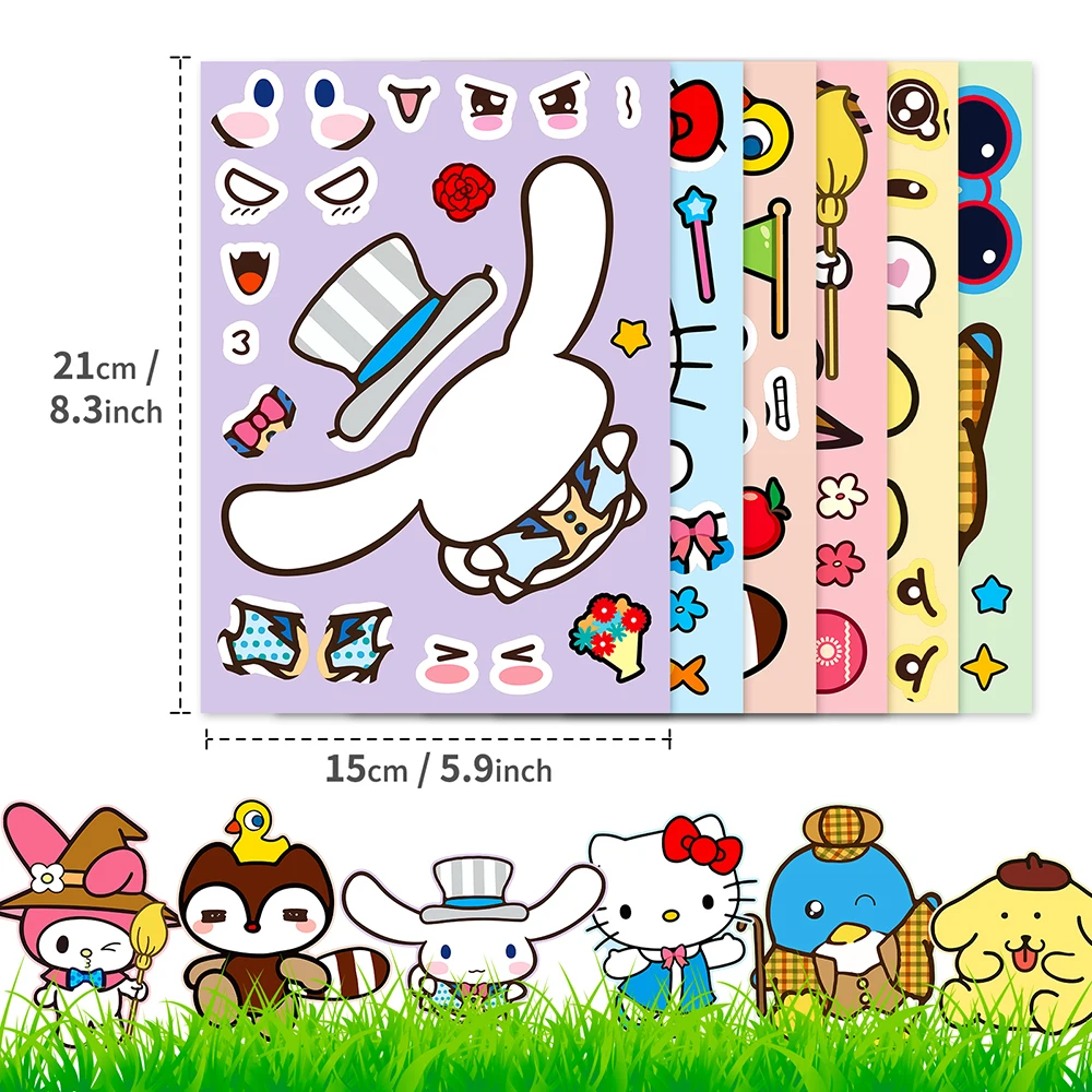 6/12Sheets Sanrio Make a Face Puzzle Stickers Create Your Own Hello Kitty My Melody Cinnamoroll Kid DIY Game Assemble Jigsaw Toy