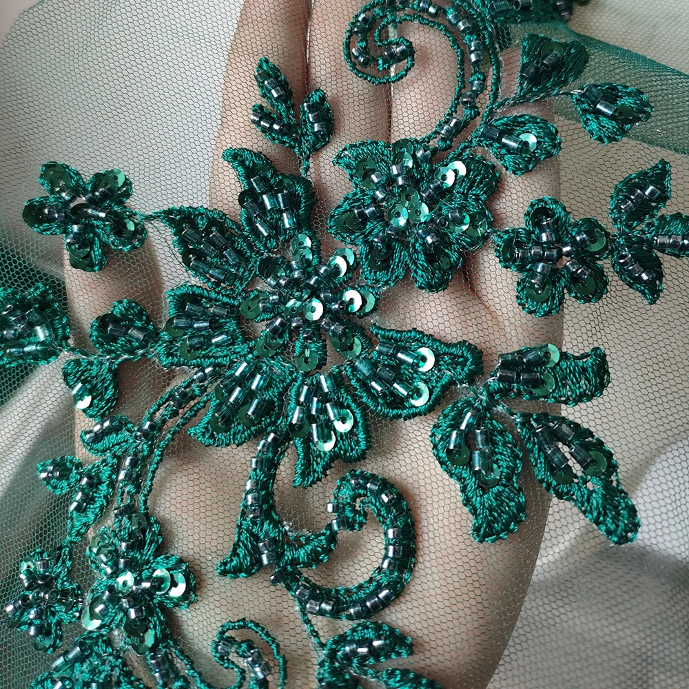 1 Pair Dark Green Beaded Applique Flower Patch Sew On Wedding Dress Accessories Sequin Fabric For Clothing