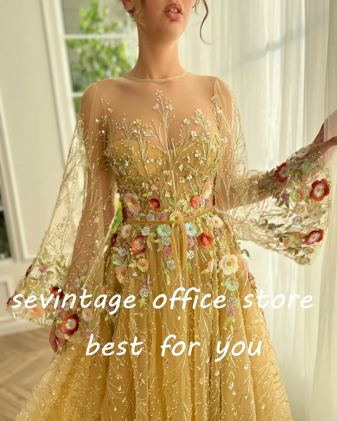 Sevintage-Vestidos de Fiesta de tul con lentejuelas 3D, flores florales, brillantes, cuentas de cristal, mangas largas, línea A, vestidos de noche, vestido de fiesta