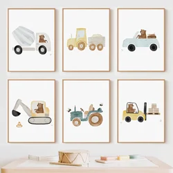 Nursery Wall Art Children's Prints Cartoon Bear Forklift Excavator Car Mud Truck Poster For Kids Room Baby Decor Canvas Painting