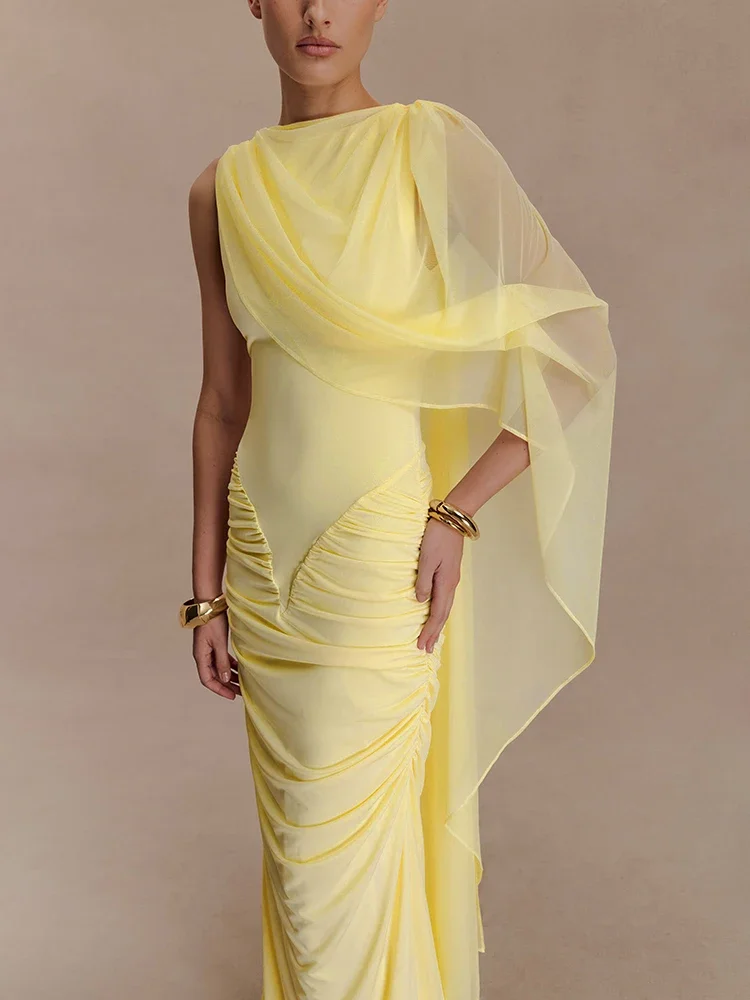 

Elegant Ruched Skinny Sexy Maxi Dress Women Fashion Patchwork One Sleeve Bodycon Evening Club Party Long Dresses Female