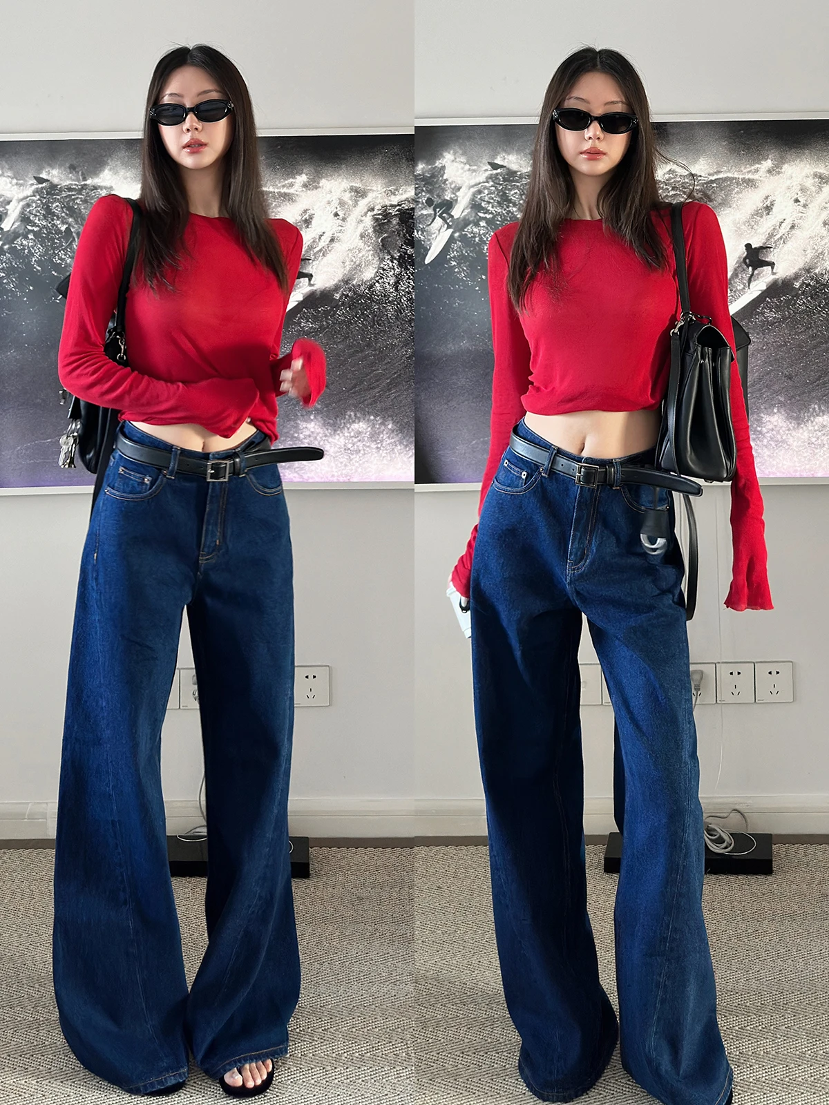 

Джинсы Les Ruelle Vintage с высокой талией, прямые, женские, свободные, широкие, повседневные, универсальные, из денима, синие, с высокой талией