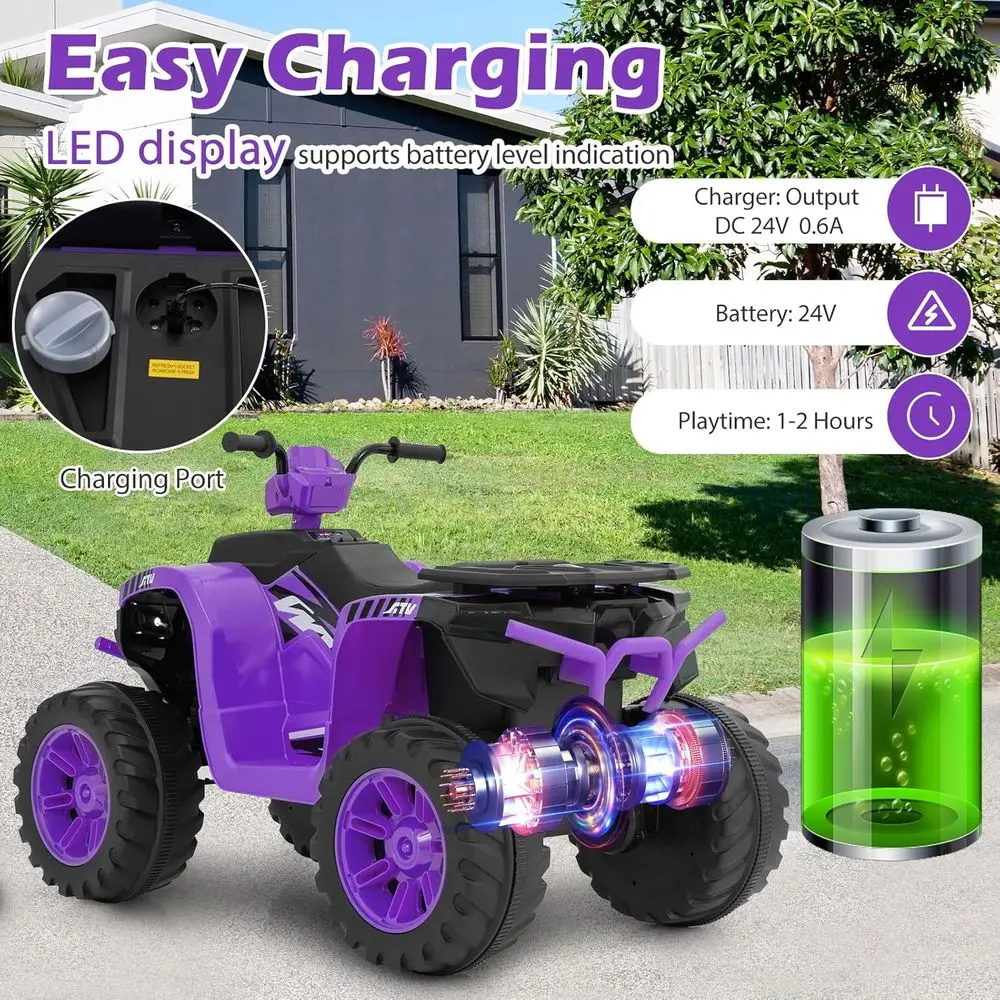 Kids ATV, 24V Four Wheeler Quad Ride on Car w/Forward/Backward, 2 Speeds, Wireless Connection, Music, Radio, LED Lights,Purple