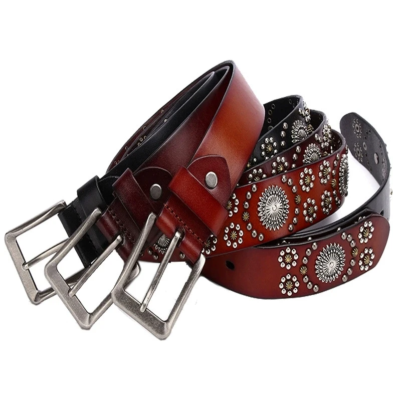 Womens Mens Genuine Cow Leather Bling Flower Rivet Studded Belt Fashion Girls Luxury Ceinture Rivet Cowgirl Cowboy Belts