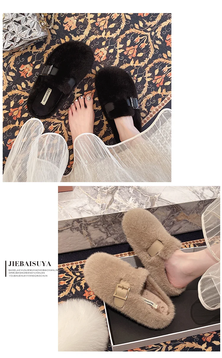 Weiche Teddyfell-Mule-Clogs für Damen, warme Plüsch-Slides für den Winter, flauschige Boken-Schuhe im Markendesign – Detail 11