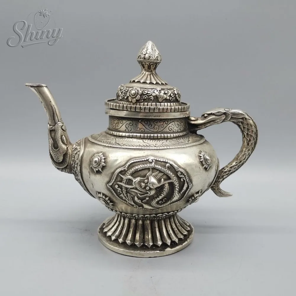 

Exquisite Old Chinese Tibet Silver Handcarved Dragon Pots Flagon Teapot Collection Home Decoration Accessories