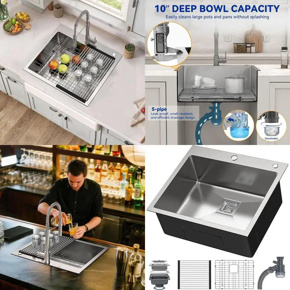 

Кухонная мойка из нержавеющей стали 304 с верхним монтажом, одинарная чаша, 25x22x10 дюймов, с решеткой и квадратным сливом, для дома, бара или автофургона