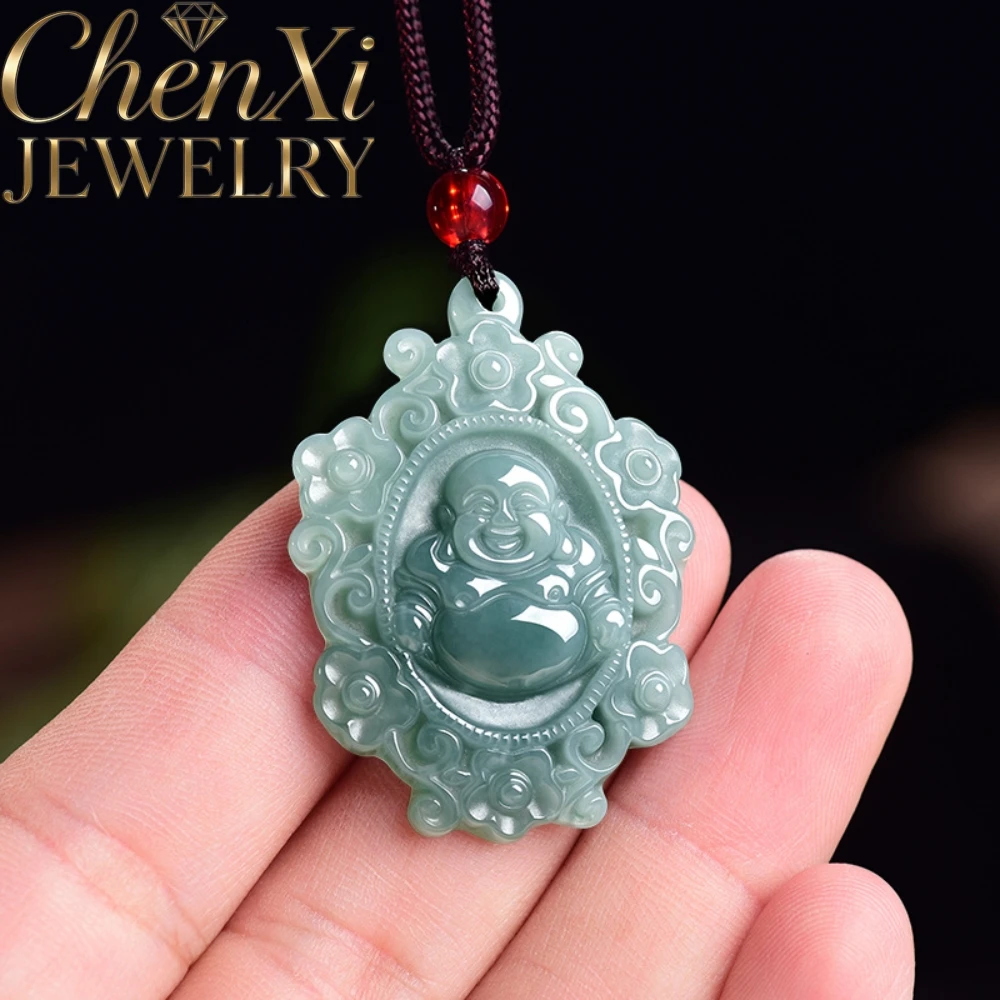 Genuine Natural Grade A Blue Water Icy Jadeite Laughing Buddha Pendant Hand‑Carved Jade Necklace Ornament Unisex  Jewelry Gift