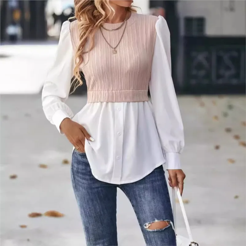 2025Women New Round Neck Wave Splice Fashion Tops Office Women's Shirt Leisure Blouse Elegantes Mujer Blusas Femininas Elegantes