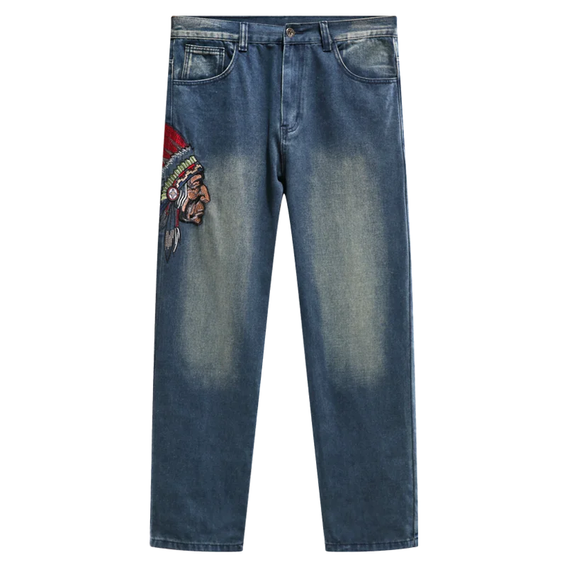 

Trendy Avatar Embroidered Jeans Men's Loose Hip Hop Motorcycle Jeans Four Seasons Straight Leg Floor Pants Wide Leg Pants