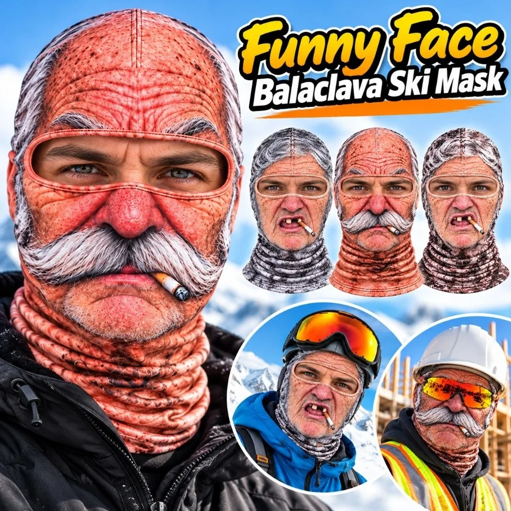 3D Face Printed Old Man Balaclava Face Mask Elderly Man White Mustache Winter Mask Cover Elastic Breathable Eye Hole