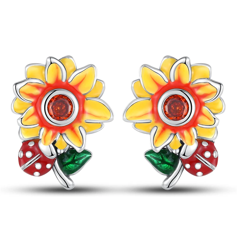 Women Earrings 925 Sterling Silver Classic Sunflower Ladybug Hoop Earrings For Anniversary Wedding Jewelry Gifts