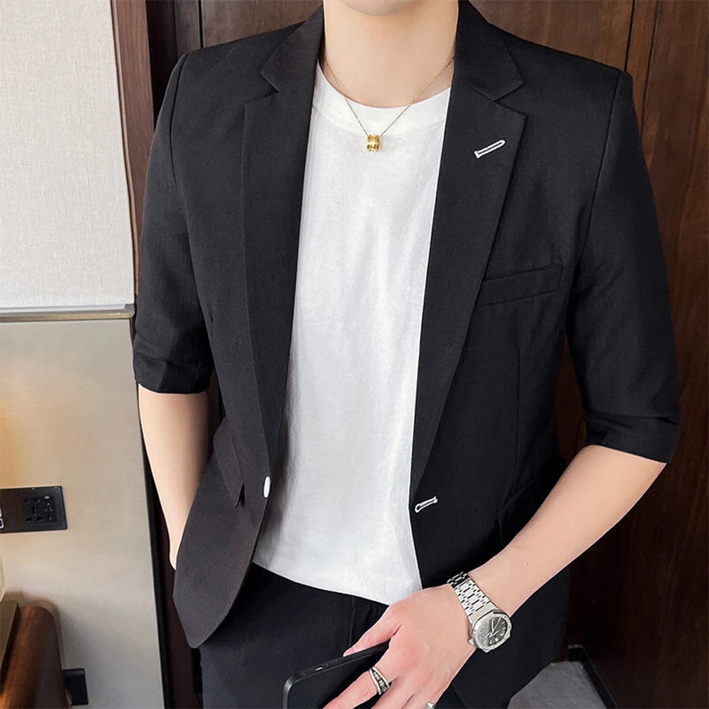 

2 Piece Set for Men Slim Fit Short Sleeve Suit Casual Daily Wear Mens Outfits 2 Piece with Single Button