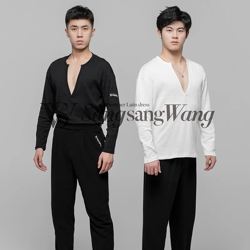

Professional Latin Dance Tops For Men Long Sleeved V-Neck Shirts Chacha Rumba Tango Dress Adult Latin Practice Clothes DQS18459