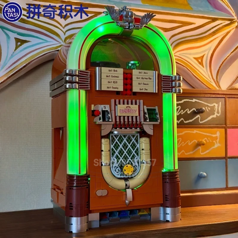 Pantasy Klassische Retro Amerikanische Jukebox Bauklötze mit LED-Farblicht Verstecktes Mini-Aufnahmestudio-Szene Bausatz Spielzeug Geschenk