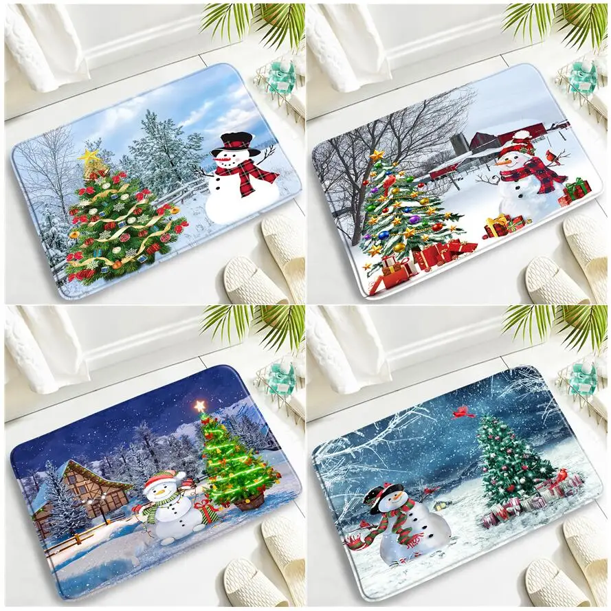 Christmas Bath Mat Set Funny Snowman Xmas Tree House Winter Forest Scenery New Year Bathroom Decor Non-Slip Rug Home Room Carpet