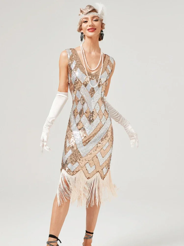 

Hawlife Vintage Inspired Sequin Embellished Fringe Long Gatsby Sleeve Geometric Dress 005