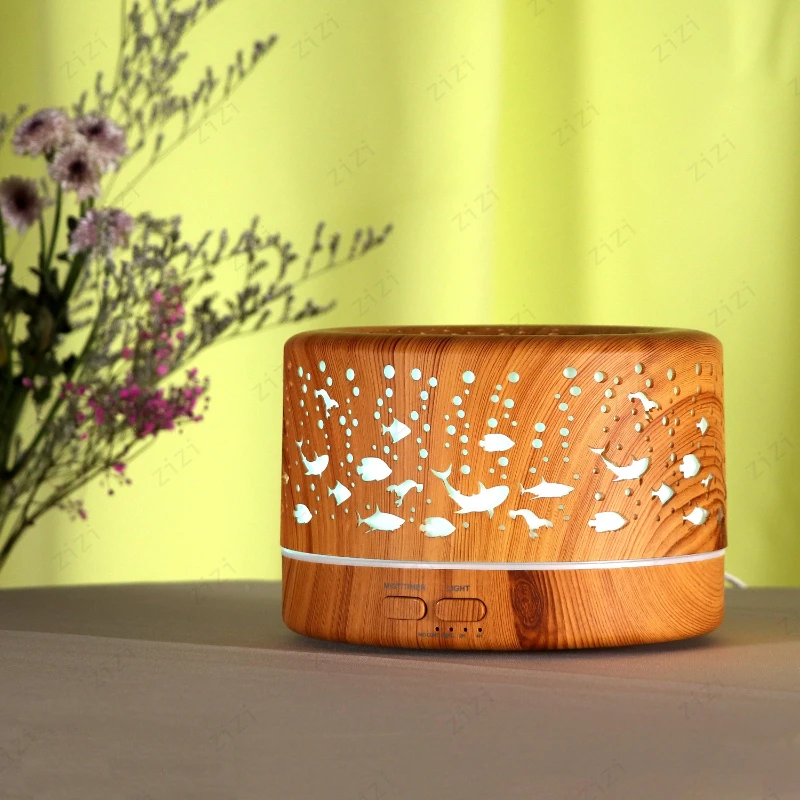 Wood Grain Hollow Underwater World Humidification Aromatherapy Machine Colorful Light Essential Oil Aromatherapy Machine
