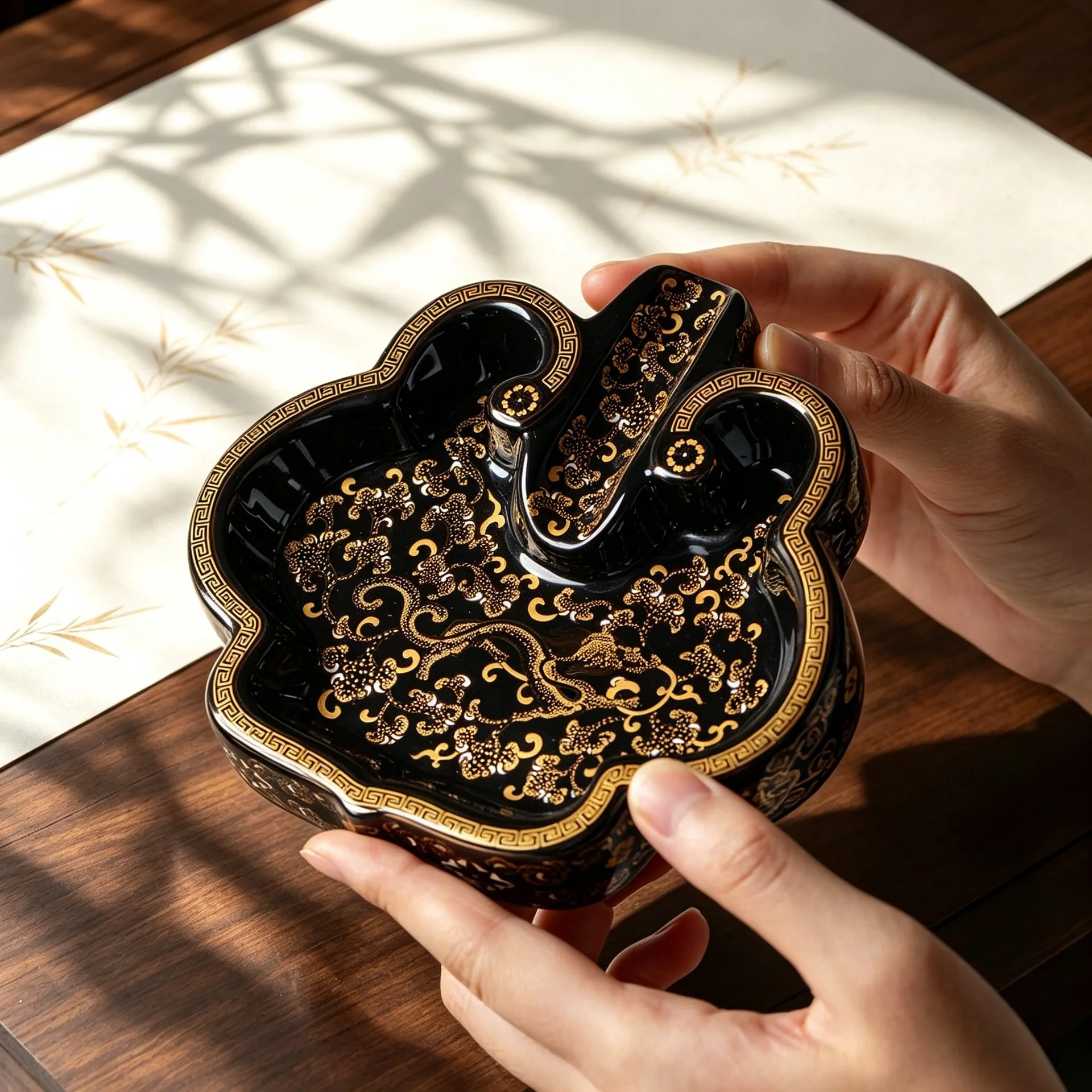 New Portable Ceramic Cigar Ashtray Light Luxury Black Gold Dragon Pattern Wide Groove Creative High-end Gifts