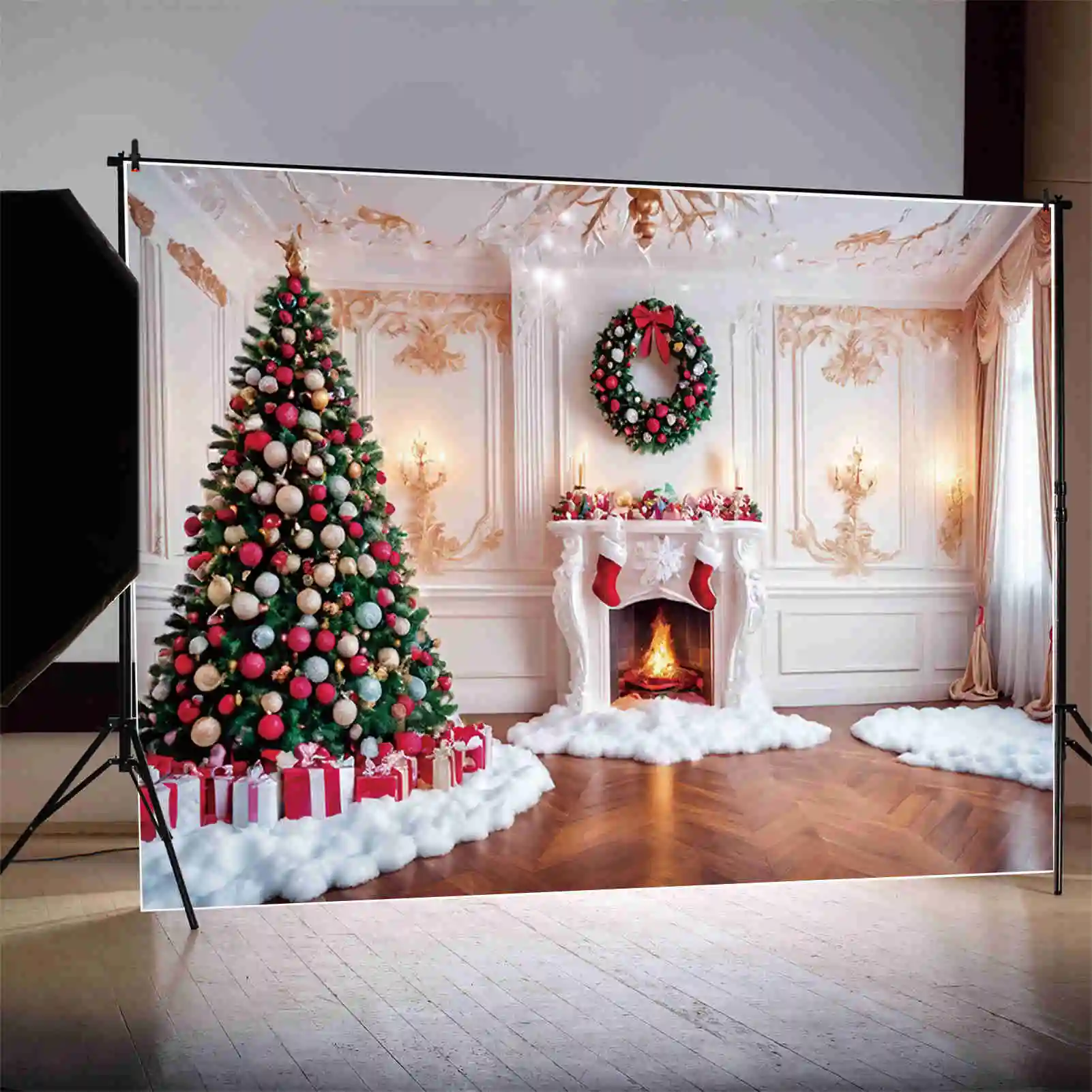 MOON.QG 화이트 크리스마스 트리 배경, 겨울 눈 벽난로, 거실 실내 배경, 파티 장식, 사진 촬영 액세서리