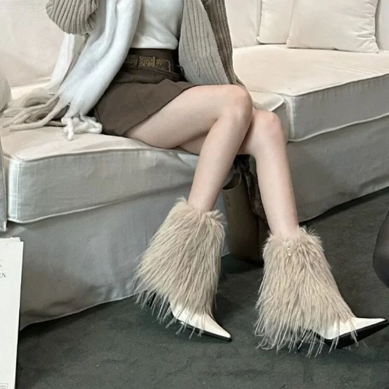 Botas de media caña con punta en pico y tacón de aguja de piel sintética beige para mujer, con cremallera lateral, suaves y cómodas, para fiestas y clubes, colección otoño 2026
