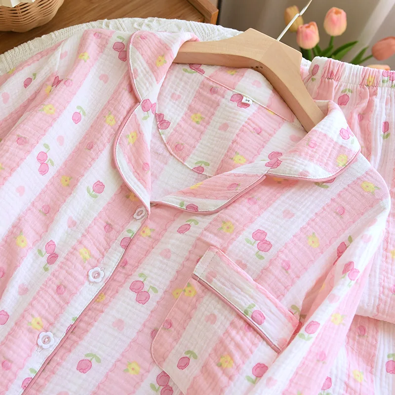 Plus Size Striped Rose Soft Pajamas Crepe Cotton Pajama Sweet Sleepwear Set Long Sleeved Homewear Skin-Friendly Simple Pyjamas