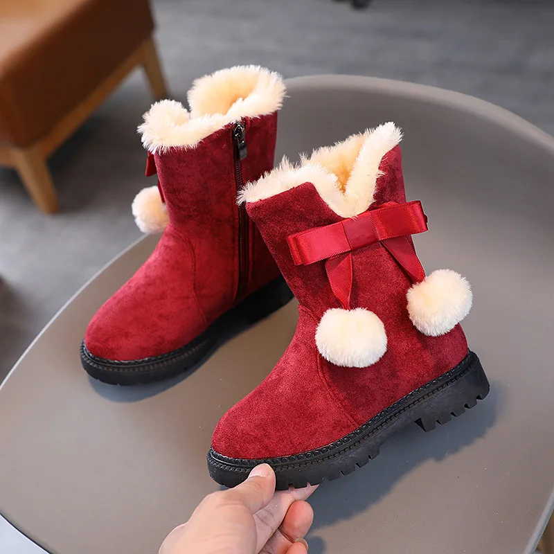 

Sweet Bowknot Princess Classic Girl Winter Boots Children Warm Fluffy Cotton Shoes Fashion High Top Kids Snow Boots