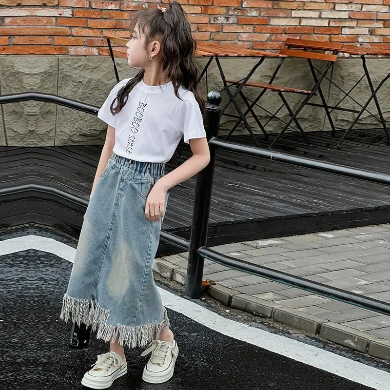 Girls Denim Skirt Summer New Children\'s Fashionable Skirt Western Style Children\'s Long Tassel Skirt (only Skirt)