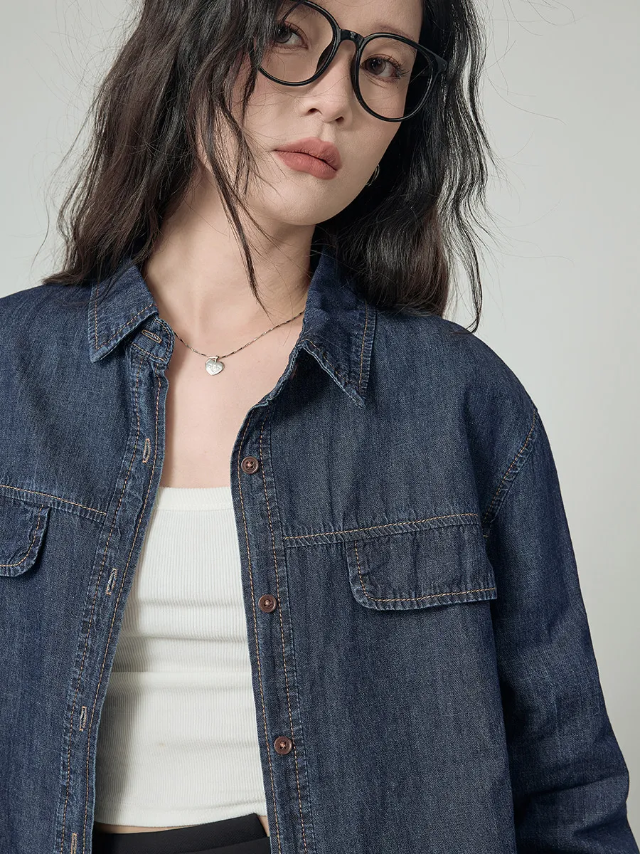 

Casual Blue Denim irt Jaet Women's Faionable Tone-On-Tone Outerwear Loose Fit Long Sve Slimming Effect Spring 2026