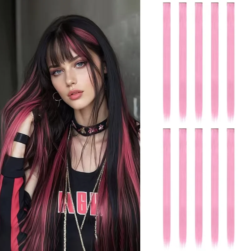 Synthetic Pink hair extensions 22 Inch Straight colored hair colorful clip Highlight Party for Kids and Women Gift