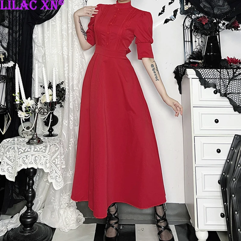 فساتين حفلات ضيقة أنيقة باللون الأحمر برباط نصف كم من Goth فساتين طويلة كلاسيكية جمالية عالية الخصر للنساء لعيد الميلاد