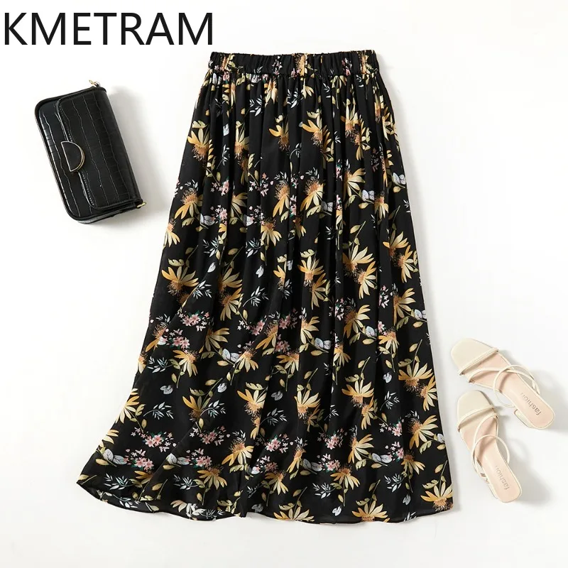 KMETRAM 100% Mulberry Silk Women's Skirts Double Crepe Silk Long Skirt Summer Printed Skirts 2026 Woman Clothes roupas feminina