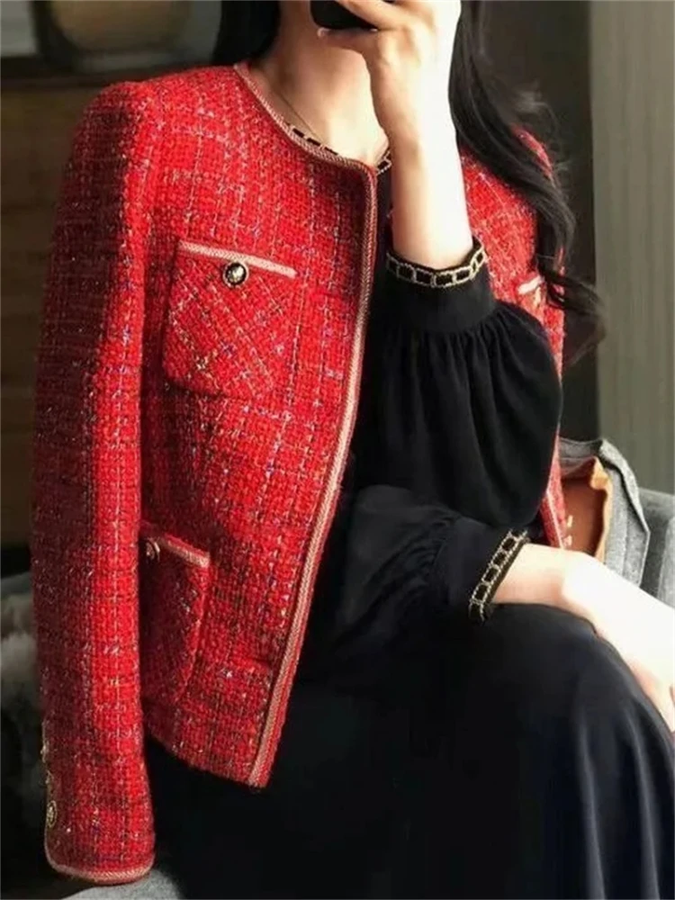 Vintage Red Tweed Coat Women\'s 2024 Autumn/Winter New French Vintage Loose and Versatile Show Thin Temperament Woolen Jacket Fem