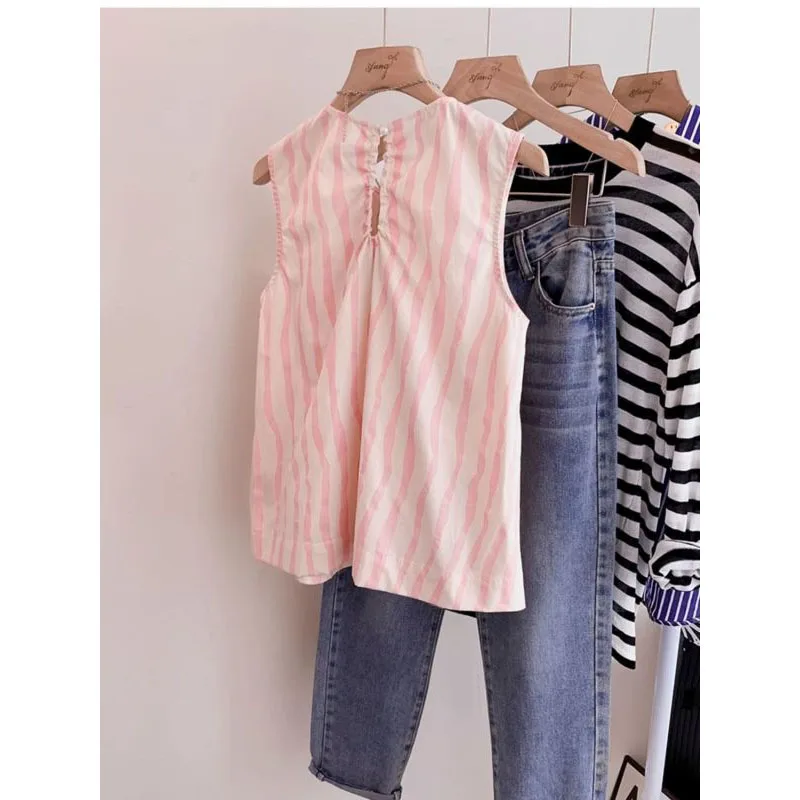 Korean Commuter Summer New Women's Pullovers Crew Neck Printed Striped Shirring Button Elegant Loose Sleeveless Shirt Blouse