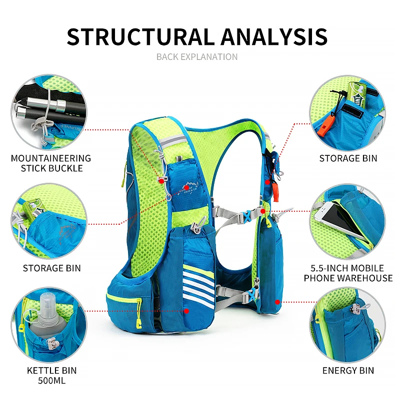 Outdoor-Lauf-Feuchtigkeitsweste, 8 l, Radfahren, feuchtigkeitsspendender Rucksack, Trekking, Wandern, Marathon, Fahrradrucksack mit 500 ml Wasserflasche – Detail 13