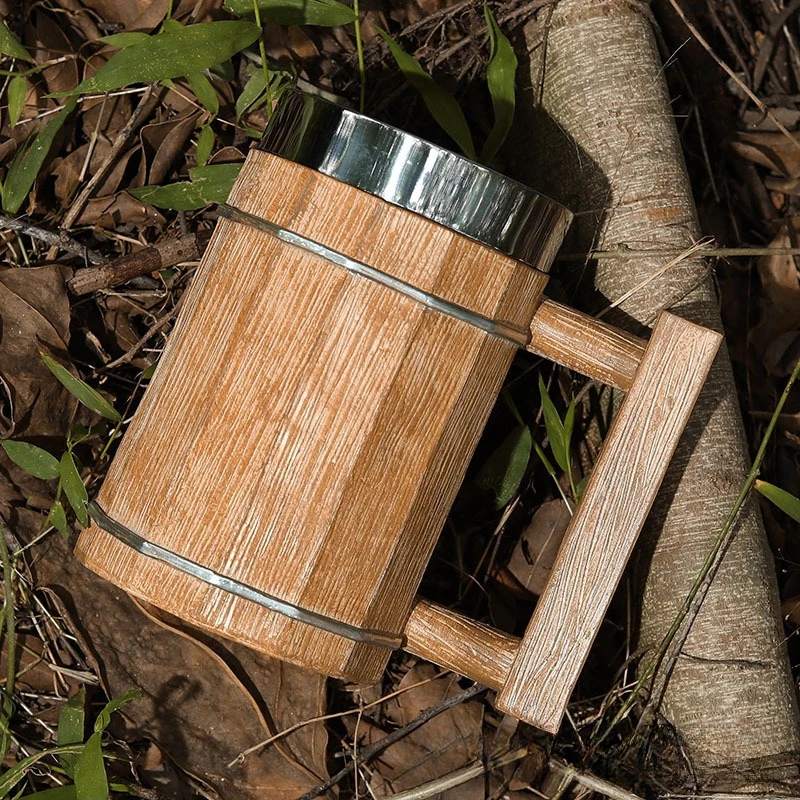 Creative and Personalized Large-capacity Imitation Trees Wooden Barrel Retro Beer Mug Stainless Steel Coffee Cups for Bars Cup