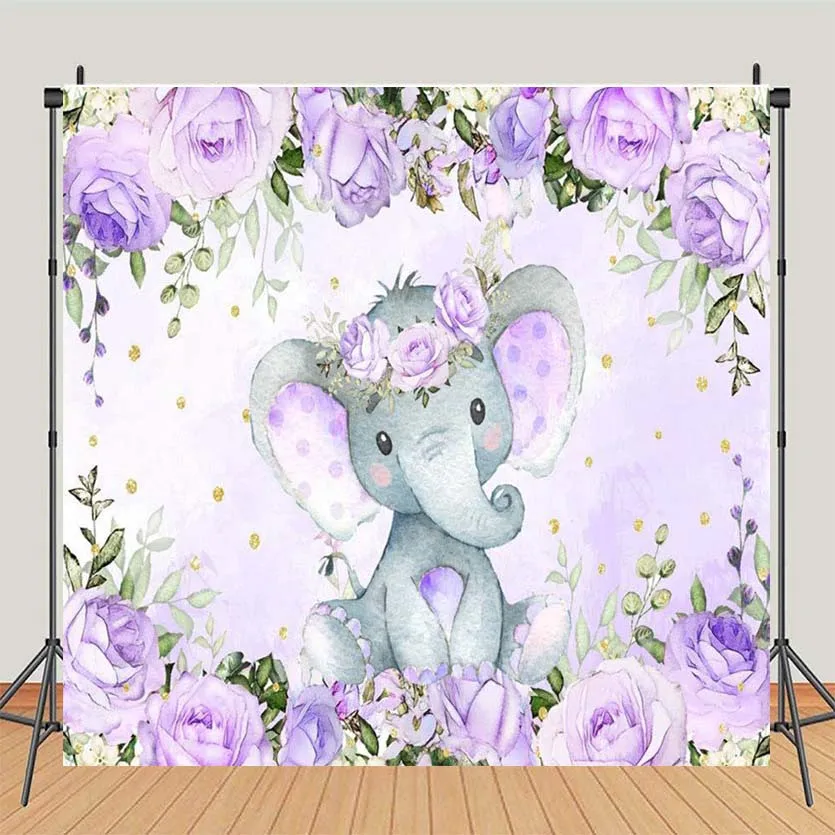 Mocsicka الفيل الصغير الأرجواني زهرة استحمام الطفل خلفية الوليد طفلة حفلة عيد ميلاد صورة خلفية راية الديكور