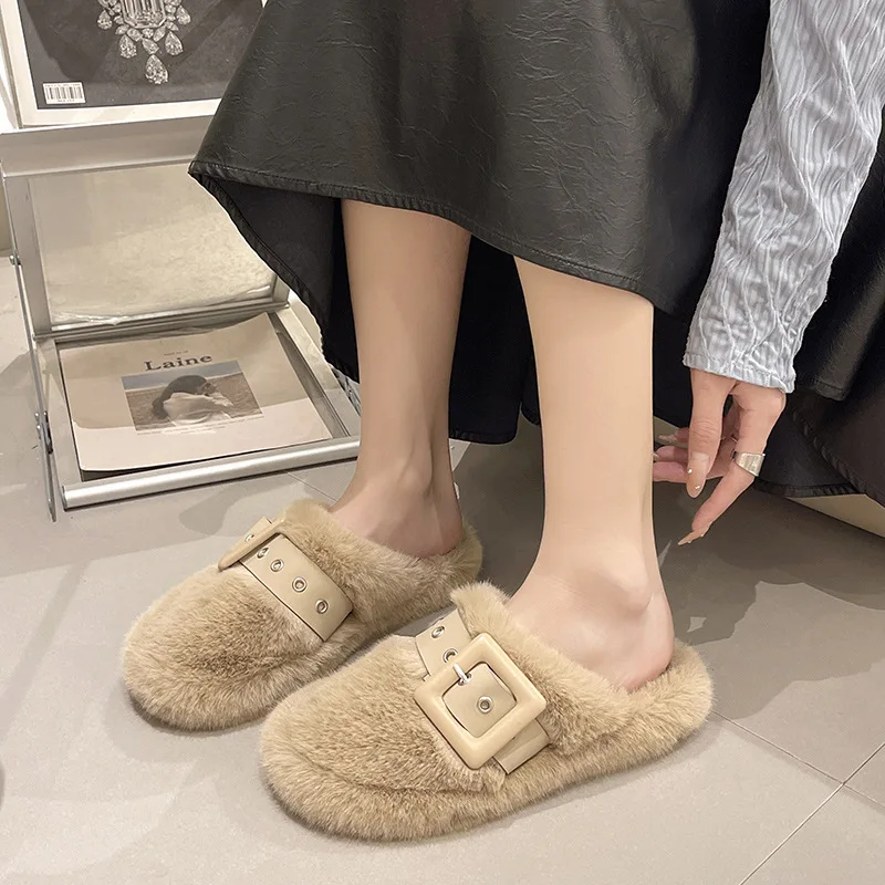 Home Slippers Women's Winter Footwear Big Size Flock Cover Toe Shoes Fur Flip Flops Slides Pantofle Low Massage Rubber Plush