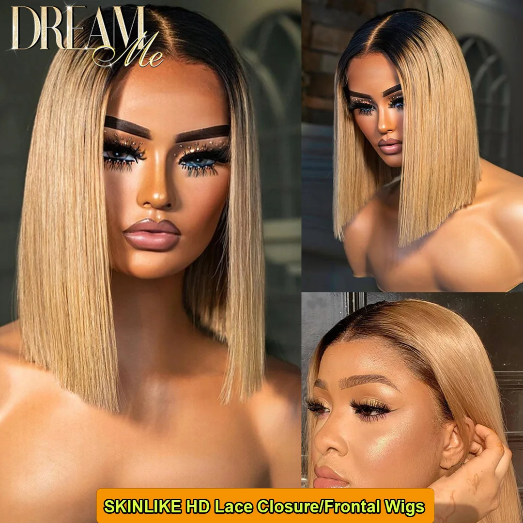 

Ombre Straight Bob 5x5 HD Lace Closure Wigs Human Hair Wear and Go Short Bob Ash Blonde Pre Plucked Invisible 13x4 Frontal Wig