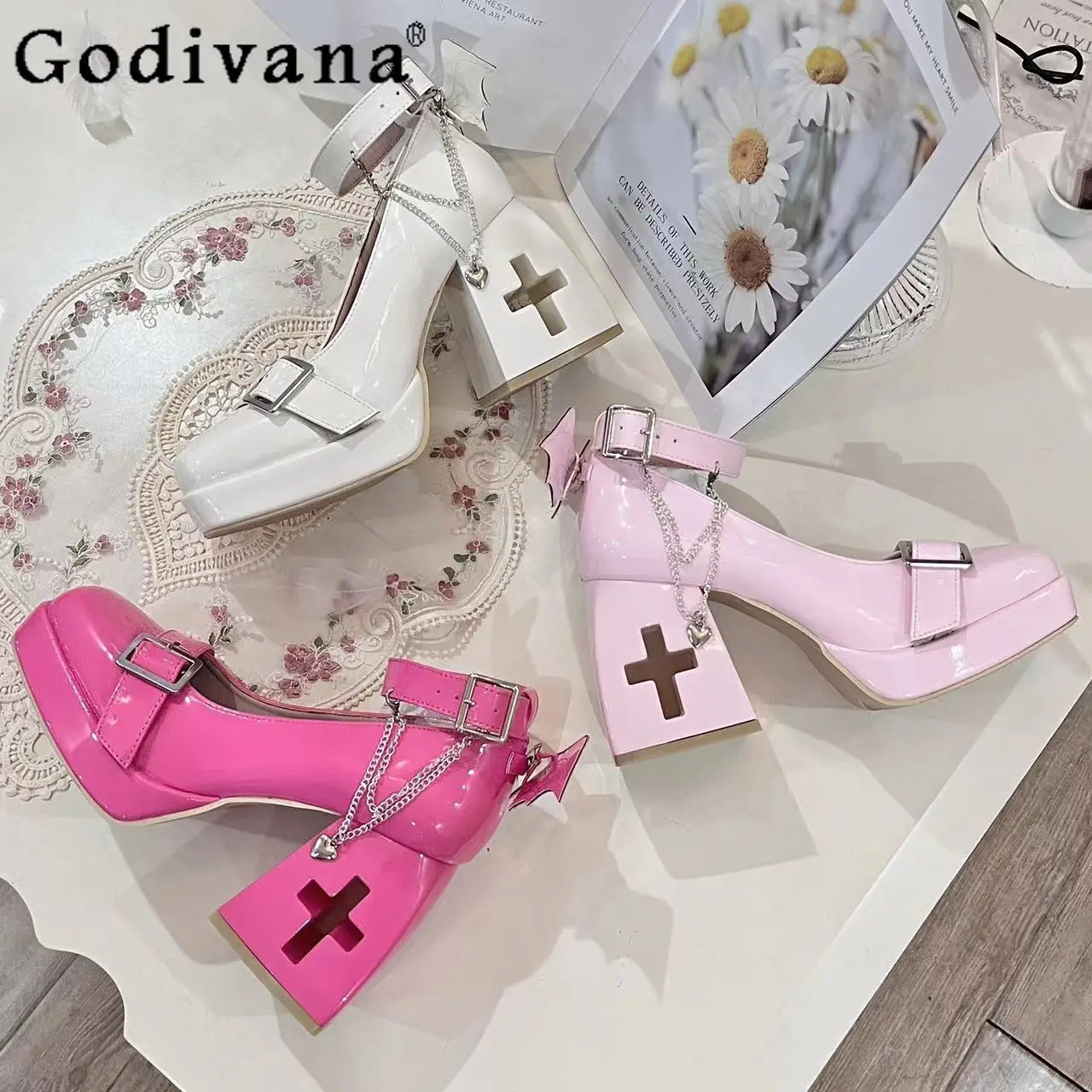 

Lolita Women Pump Shoes Japanese Punk Cross Hollow Out High Heels Elegant Ladies Mary Jane Shoes Sweet Summer Heels