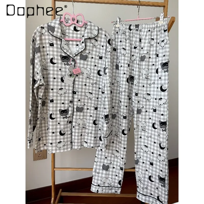 Original Japanese Soft Cute Sweet Girl Cartoon Print Set Pajamas Plaid Short-sleeved Top Shorts Women's Loungewear Sleepwear
