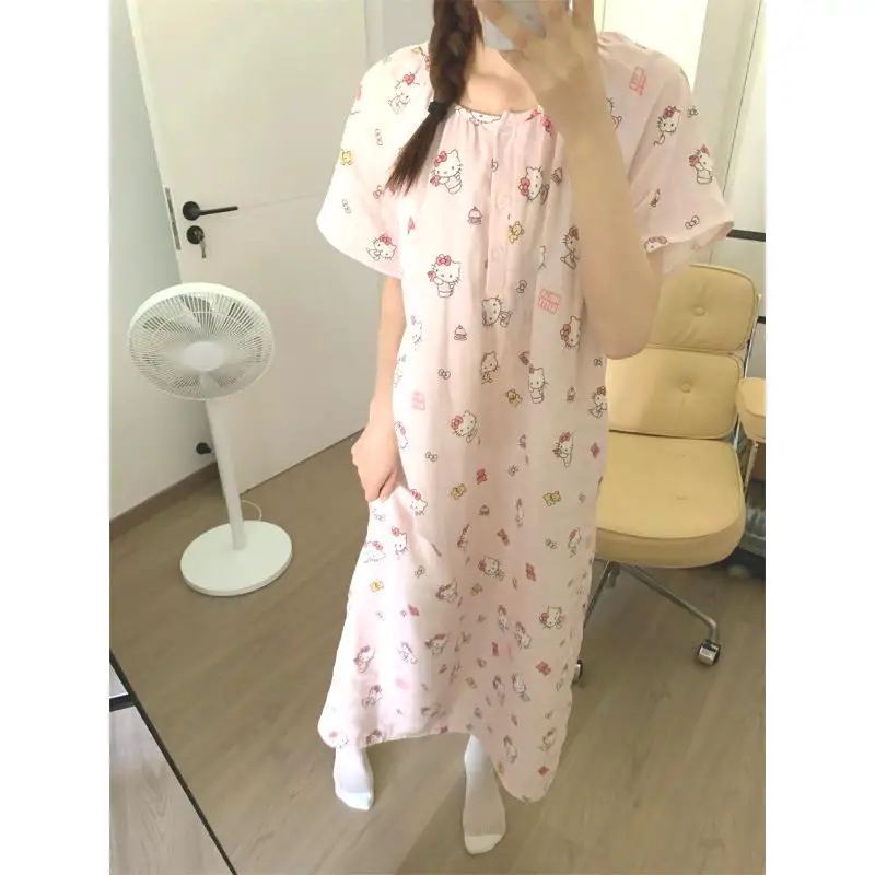 

Sanrio Kawaii ночная рубашка Hello Kitty, летняя пижамная юбка, милая свободная удобная дышащая тонкая стильная рубашка, подарок для подруги