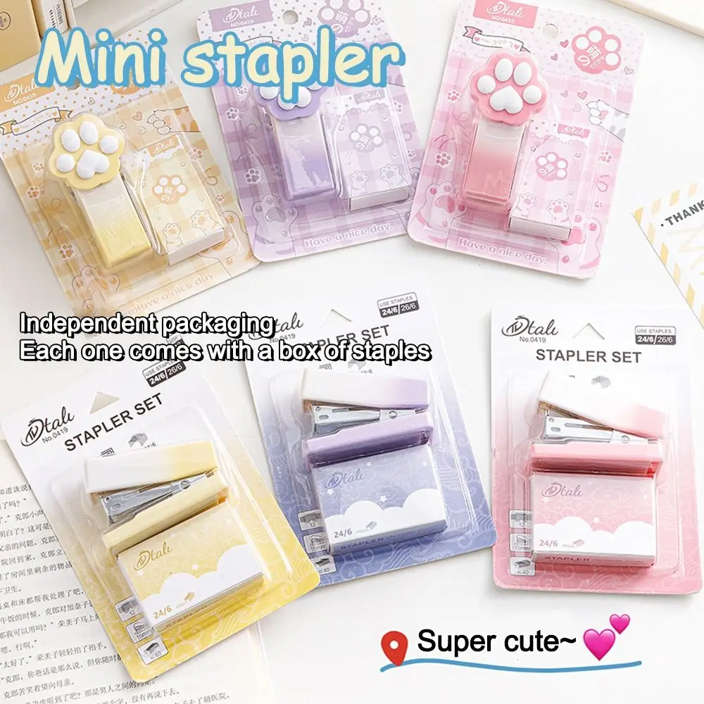 Portable Gradient Cat Claw Mini Stapler with Staples Multifunctional Paper Binder Stapler Set Student Stationery