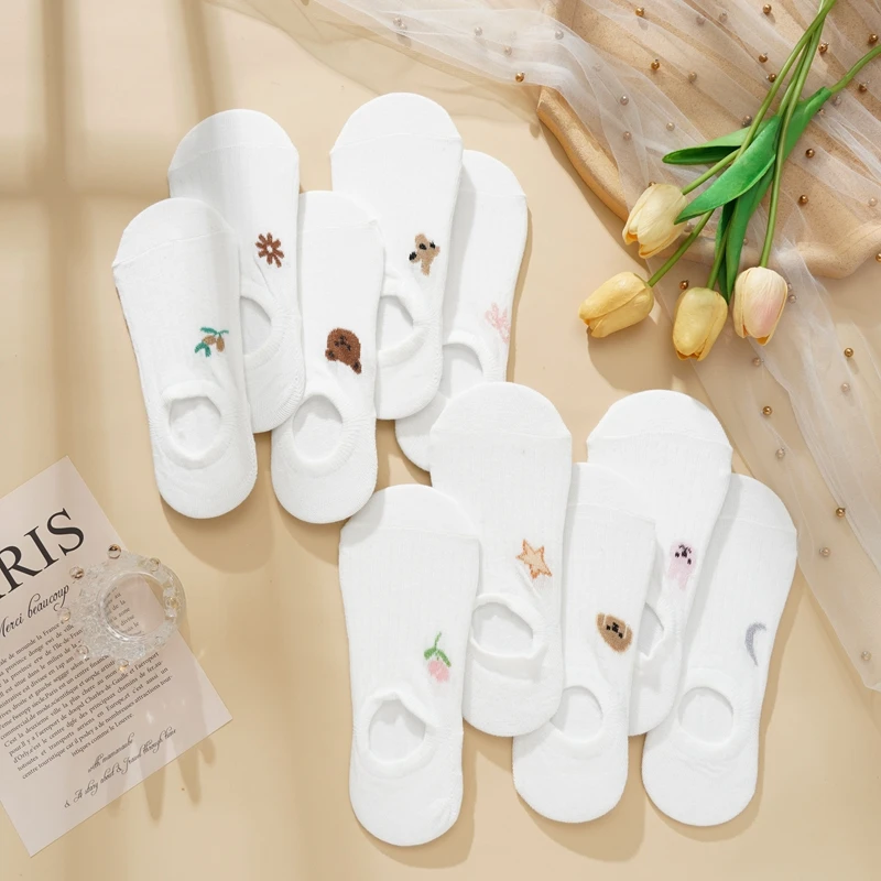 

Белые хлопковые носки, женские весенне-летние удобные полосатые носки до щиколотки с медведем, модные дышащие низкие носки-лодочки для девочек