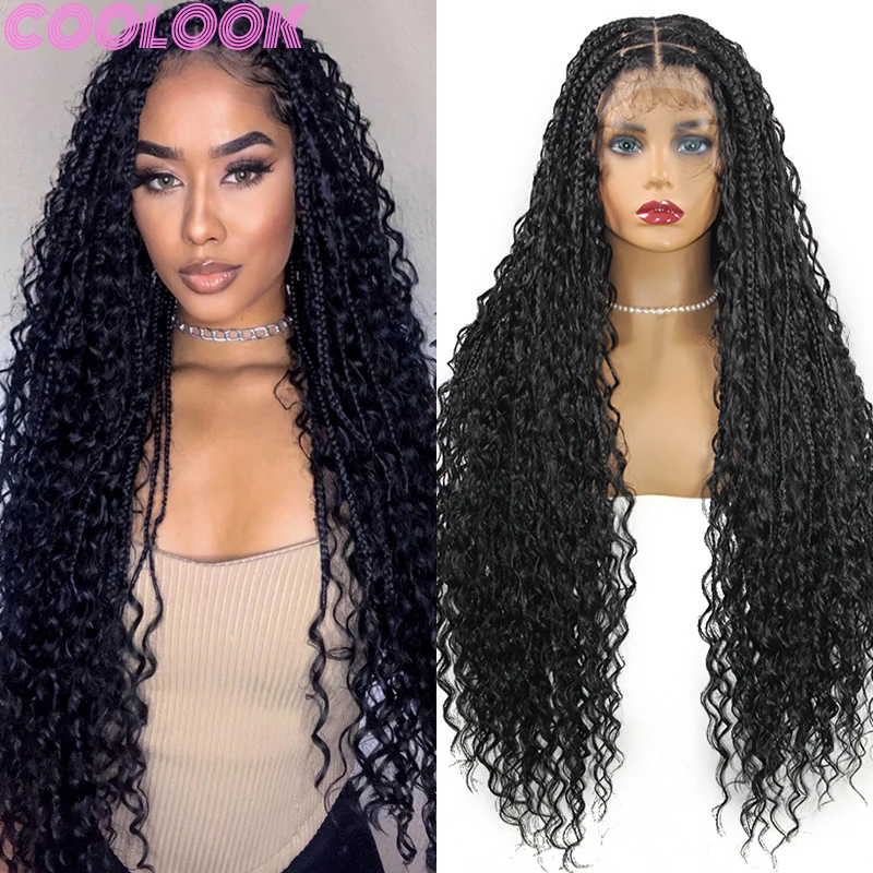 Synthetic Boho Braided Wigs for Women Square Part Braid Lace Front Wig with Curly End Knotless Cornrow Braids Wig with Baby Hair