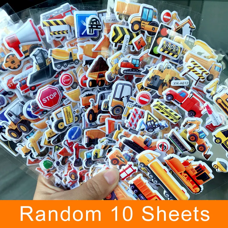 10 Sheets Kids Stickers Puffy Stickers for Girl Boy Birthday Gift For Children Scrapbooking Cartoon Engineering Vehicle Stickers