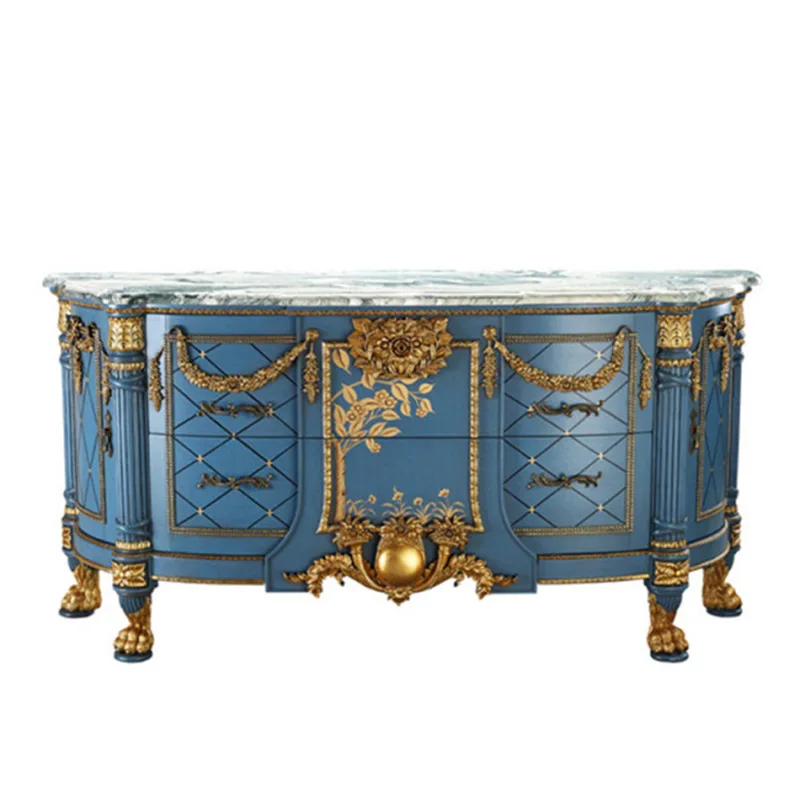 

European French Solid Wood Locker Side Cabinet Blue Mahogany Carved 1.5m Entrance Cabinet Furniture