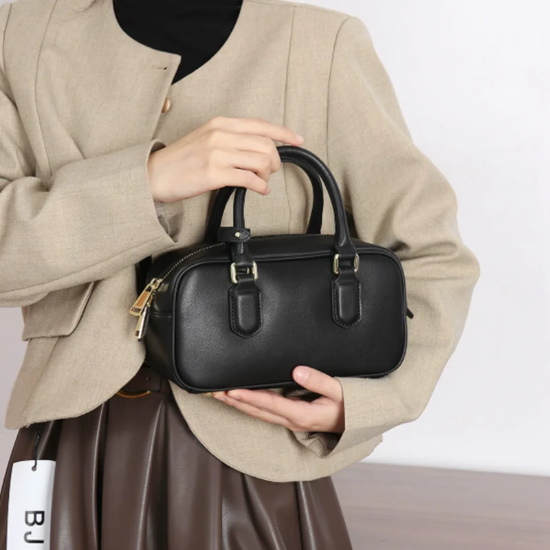 Leopard print new style Korean version bowling bag Boston pillow bag genuine leather women handbag diagonal crossbody square bag